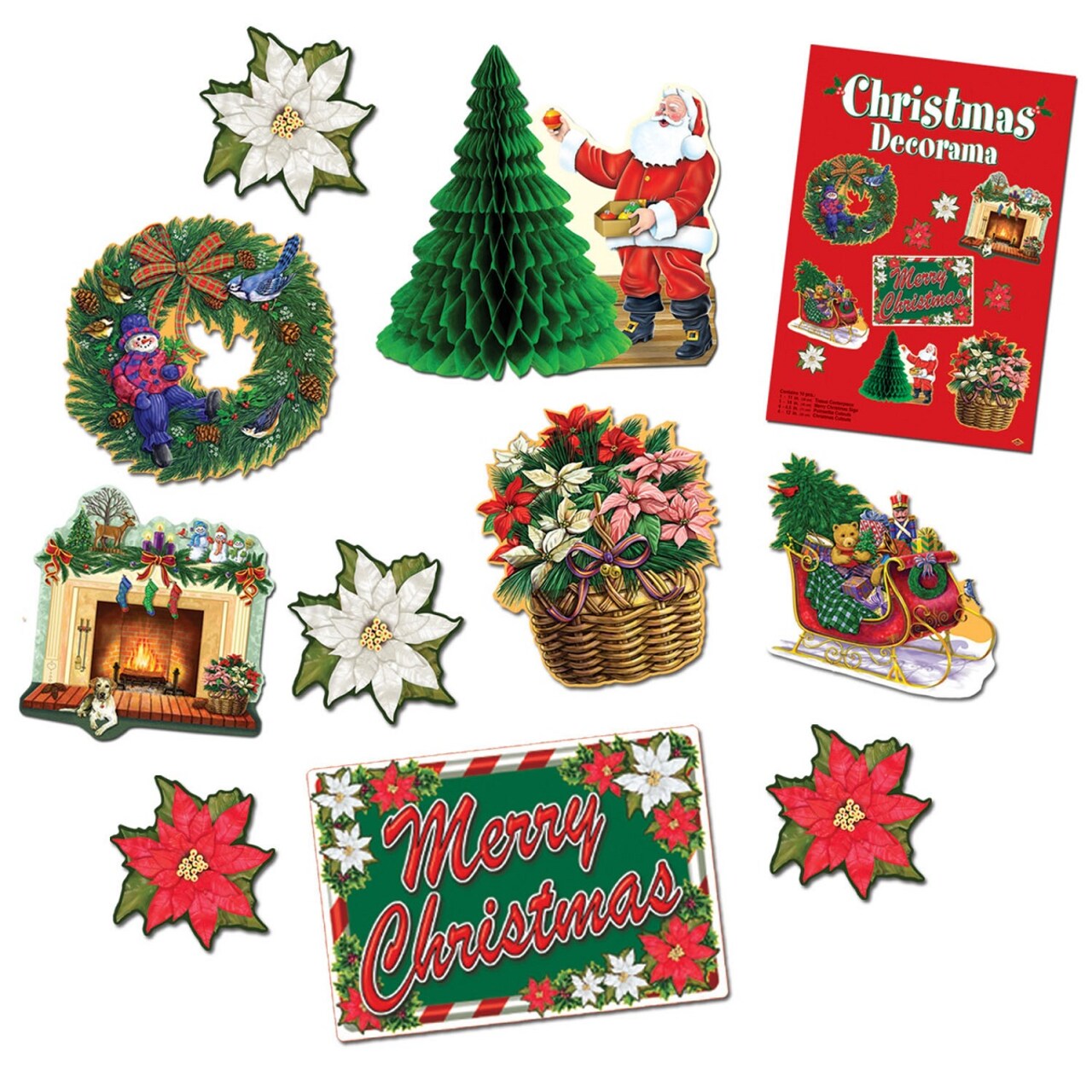 Beistle Club Pack of 60 Santa Claus, Wreath, Tree and Fireplace Christmas Decorama Cutout Decorations